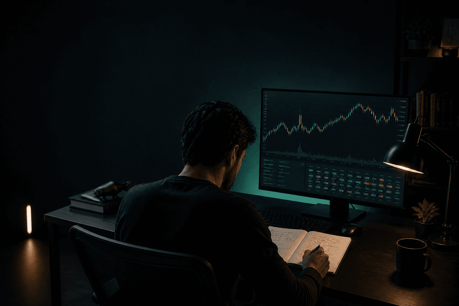 Disciplined trader reviewing a handwritten journal beside a market chart