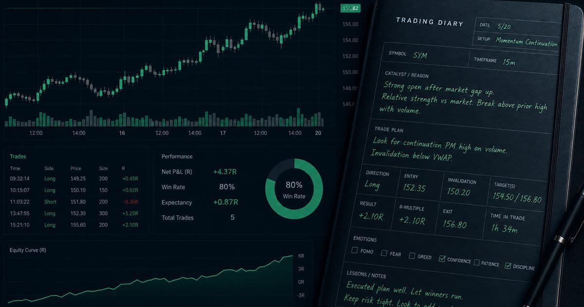 Stock trading diary with equity chart and notes