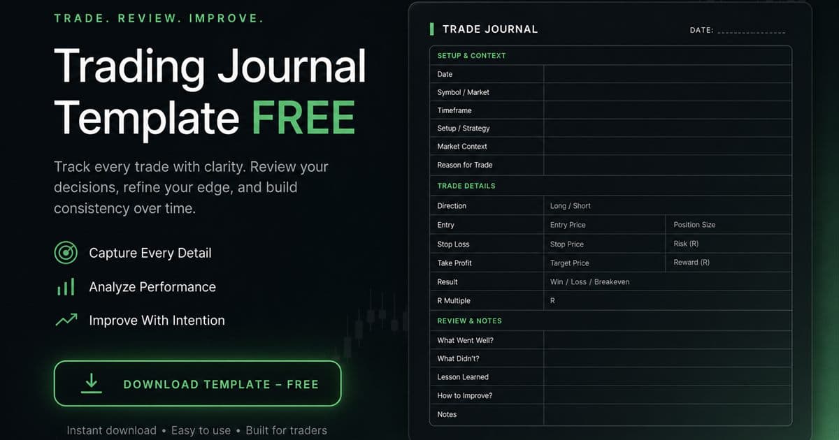 Trading journal template columns on a dark UI
